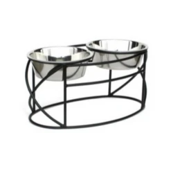 Pets Stop Oval Cross Double Diner Raised Feeder Black