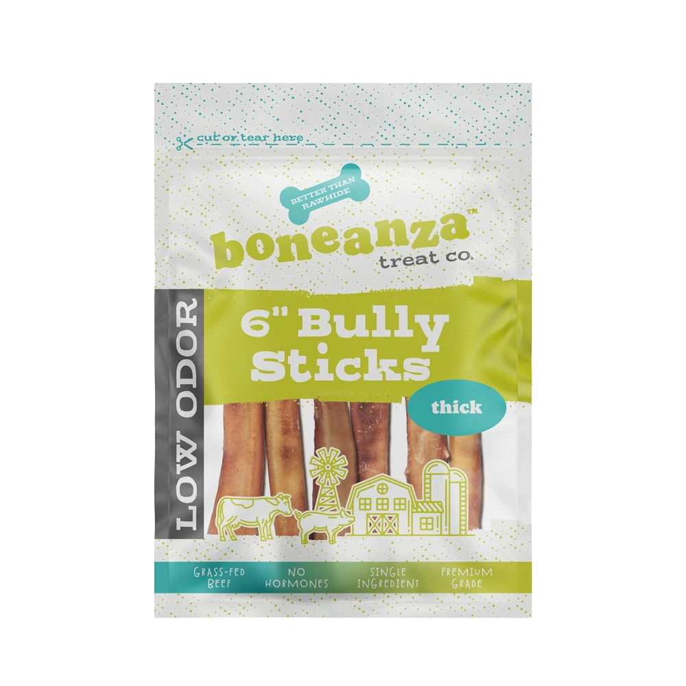 Boneanza Treat Co. Low Odor Thick Bully Sticks 6" 6pk 3 Boneanza Treat Co. Low Odor Thick Bully Sticks 6" 6pk
