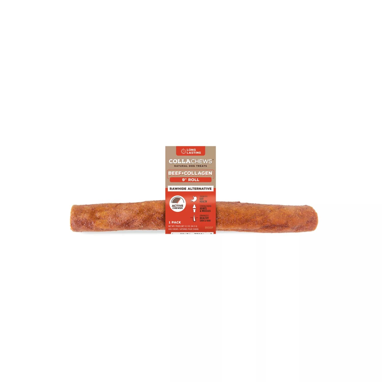 CollaChews Rawhide Alternative Collagen Roll Dog Treats Beef 9" 3 CollaChews Rawhide Alternative Collagen Roll Dog Treats Beef 9"