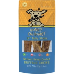 Honey I'm Home 12" Buffalo Bully Sticks Natural Honey Coated Chews Grain-Free Dog Treats 5 Pk