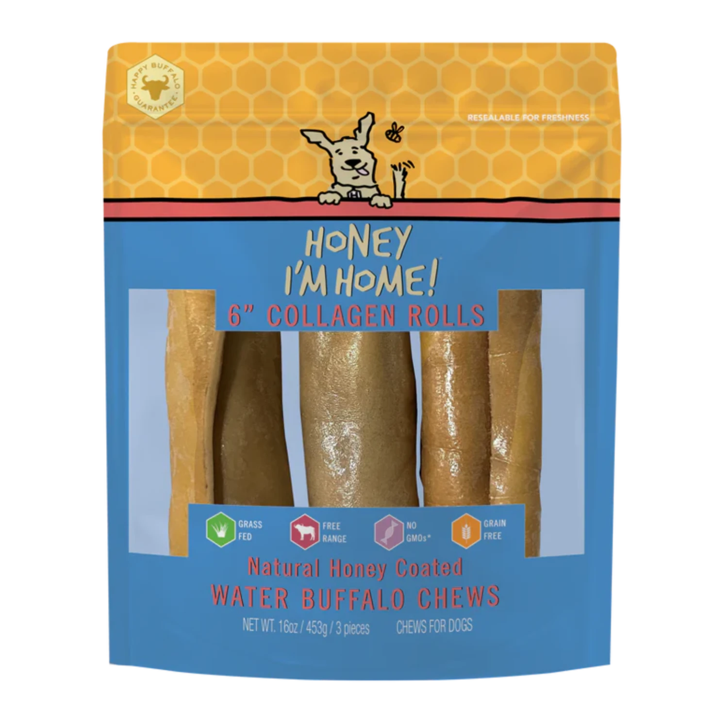 Honey I'm Home 6" Buffalo Collagen Rolls Natural Honey Coated Chews Grain-Free Dog Treats 3 Pk 3 Honey I'm Home 6" Buffalo Collagen Rolls Natural Honey Coated Chews Grain-Free Dog Treats 3 Pk