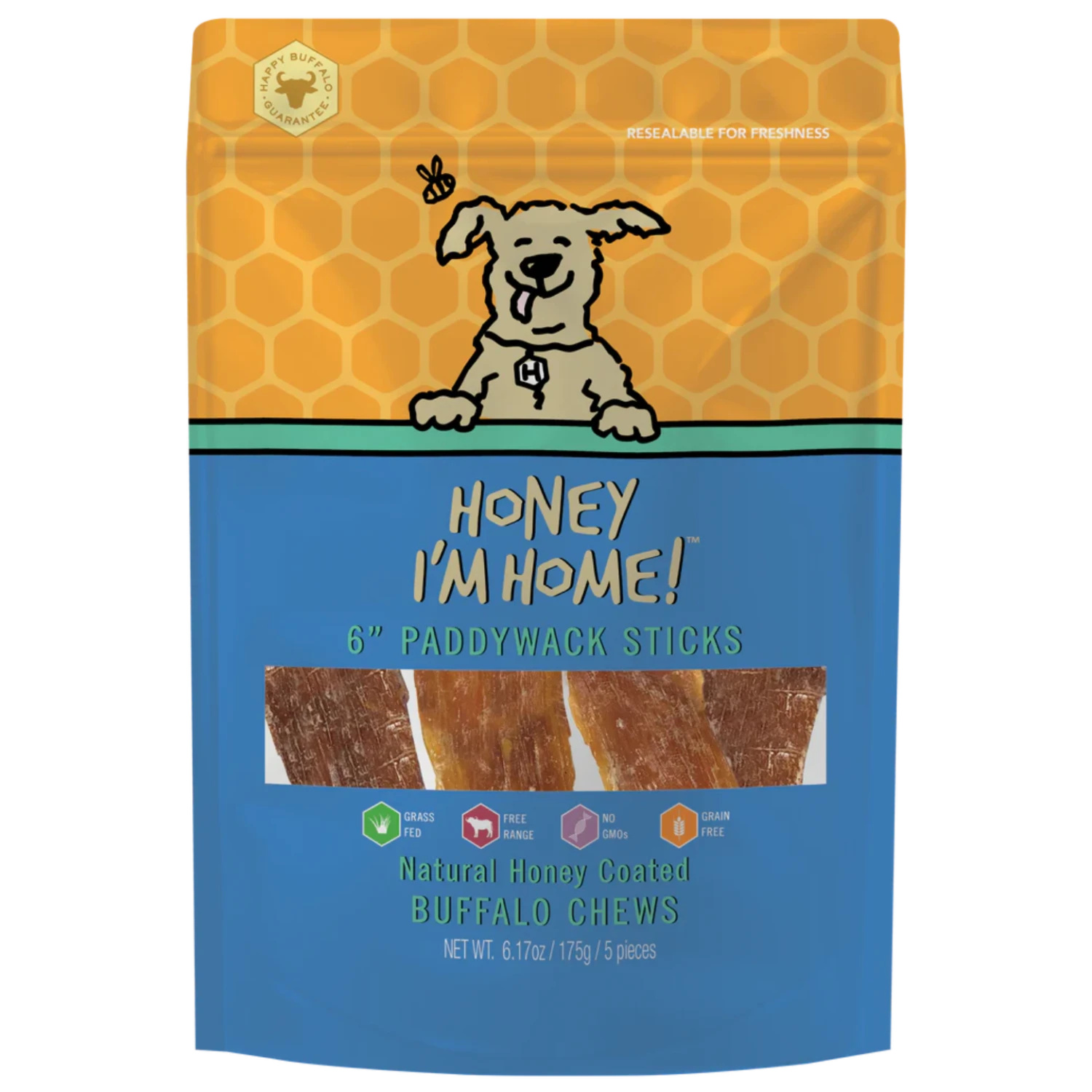 Honey I'm Home 6" Paddywack Sticks Natural Honey Coated Buffalo Chews Grain-Free Dog Treats 5 Pk 3 Honey I'm Home 6" Paddywack Sticks Natural Honey Coated Buffalo Chews Grain-Free Dog Treats 5 Pk