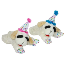 Multipet Lamb Chop With Birhday Hat Assorted Colors Pink/Blue Dog Toy 10.5"