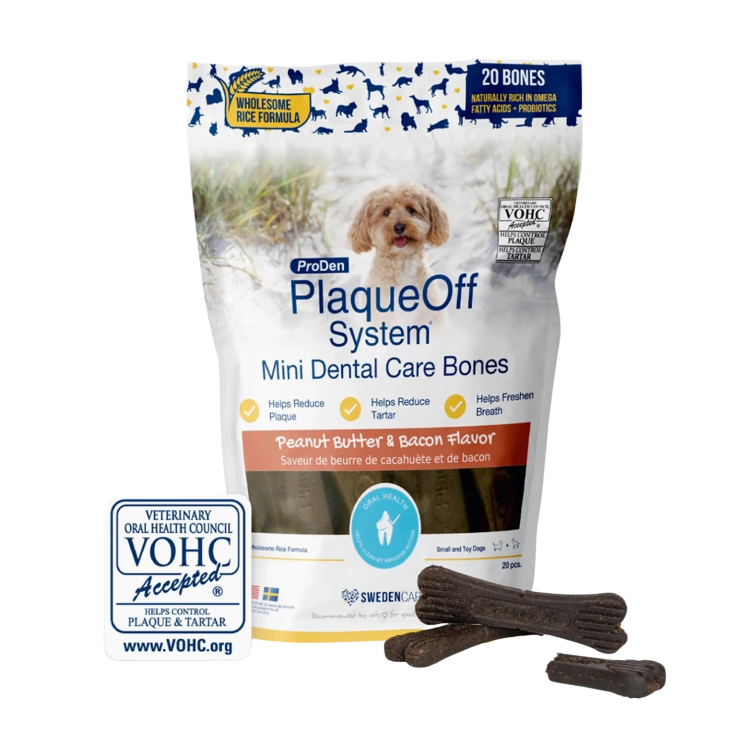 Proden PlaqueOff Mini Dental Care Bones Peanut Butter & Bacon, 12oz 3 Proden PlaqueOff Mini Dental Care Bones Peanut Butter & Bacon, 12oz