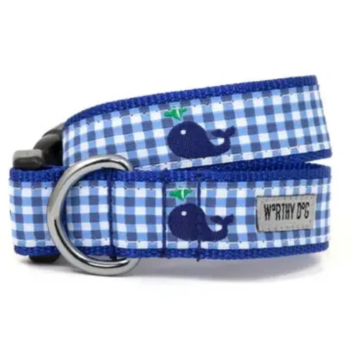 The Worthy Dog Gingham Whales Dog Collar 3 The Worthy Dog Gingham Whales Dog Collar